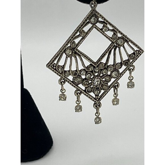 Vintage Silver Tone Dangle Earrings Clip Clear Rhinestones 2.5" - Picture 3 of 13